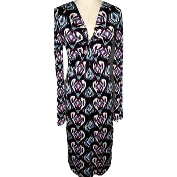 Tory Burch 100% Silk Dress Long Sleeve V-Neck Diamond Heart Print Multi Medium